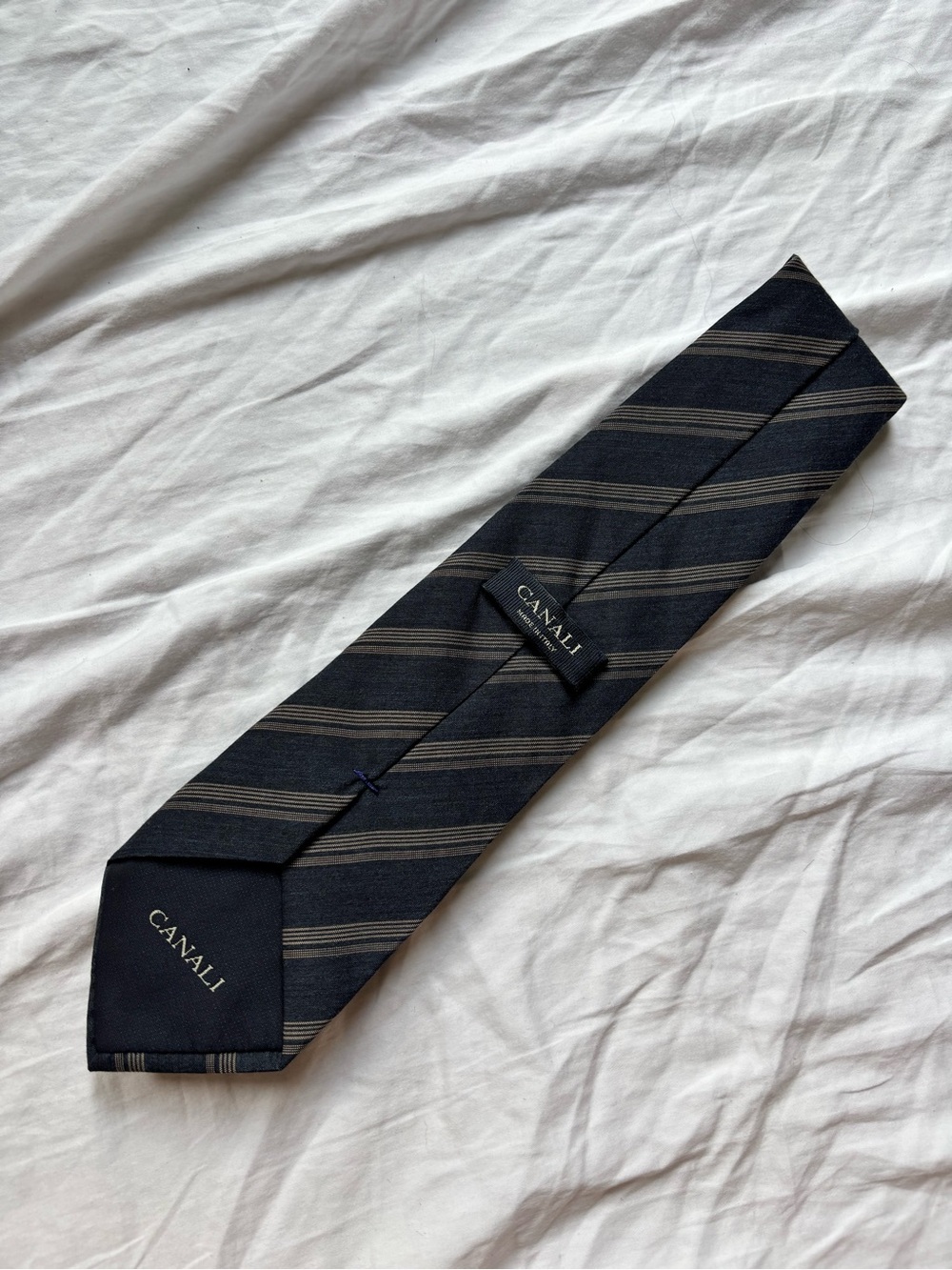 Canali Dark Navy Striped Silk Tie with Gray-Beige Stripes